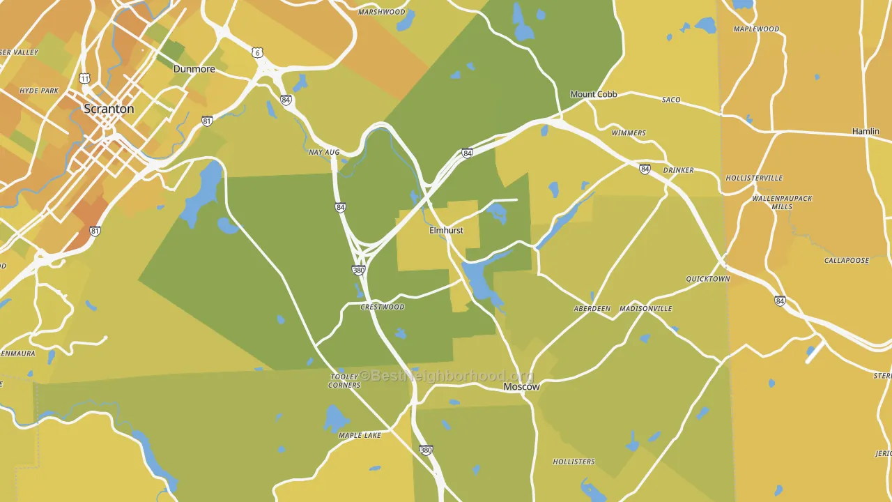 Map of the best neighborhoods in the Elmhurst area, with better matches in green and worse matches in red
