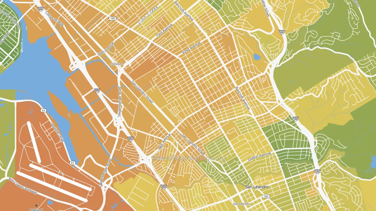 Map of the best neighborhoods in the Elmhurst Park, Oakland area, with better matches in green and worse matches in red