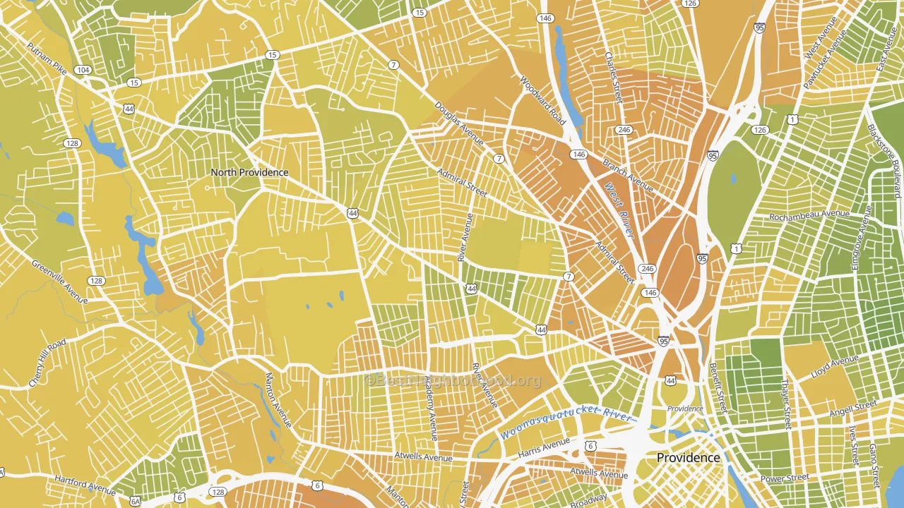 Map of the best neighborhoods in the Elmhurst, Providence area, with better matches in green and worse matches in red