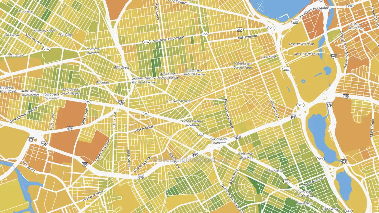 Map of the best neighborhoods in the Elmhurst, Queens area, with better matches in green and worse matches in red