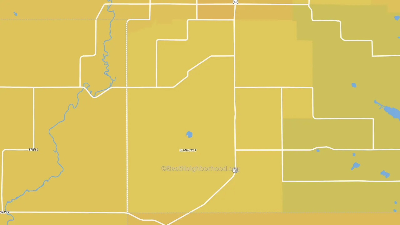 Map of the best neighborhoods in the Elmhurst area, with better matches in green and worse matches in red