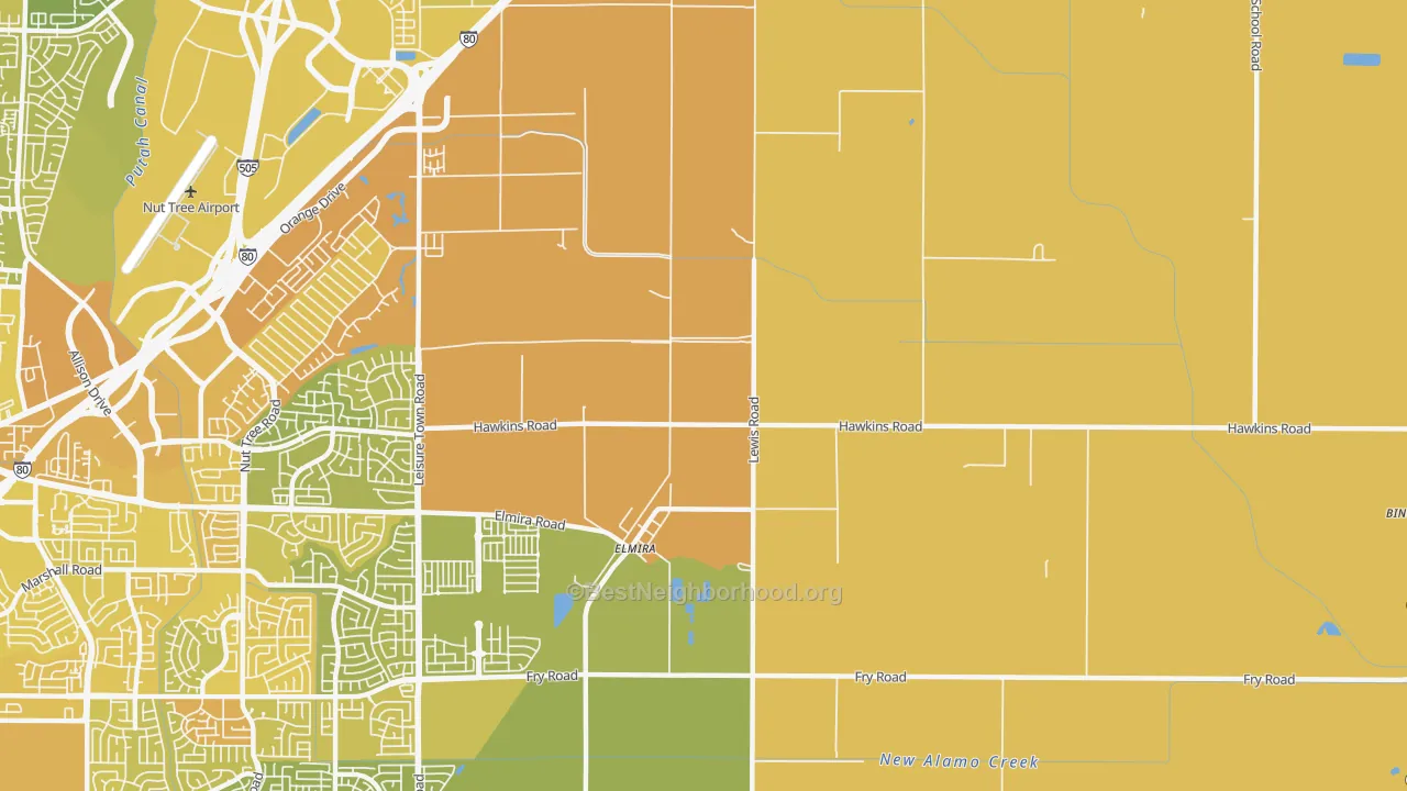 Map of the best neighborhoods in the Elmira area, with better matches in green and worse matches in red