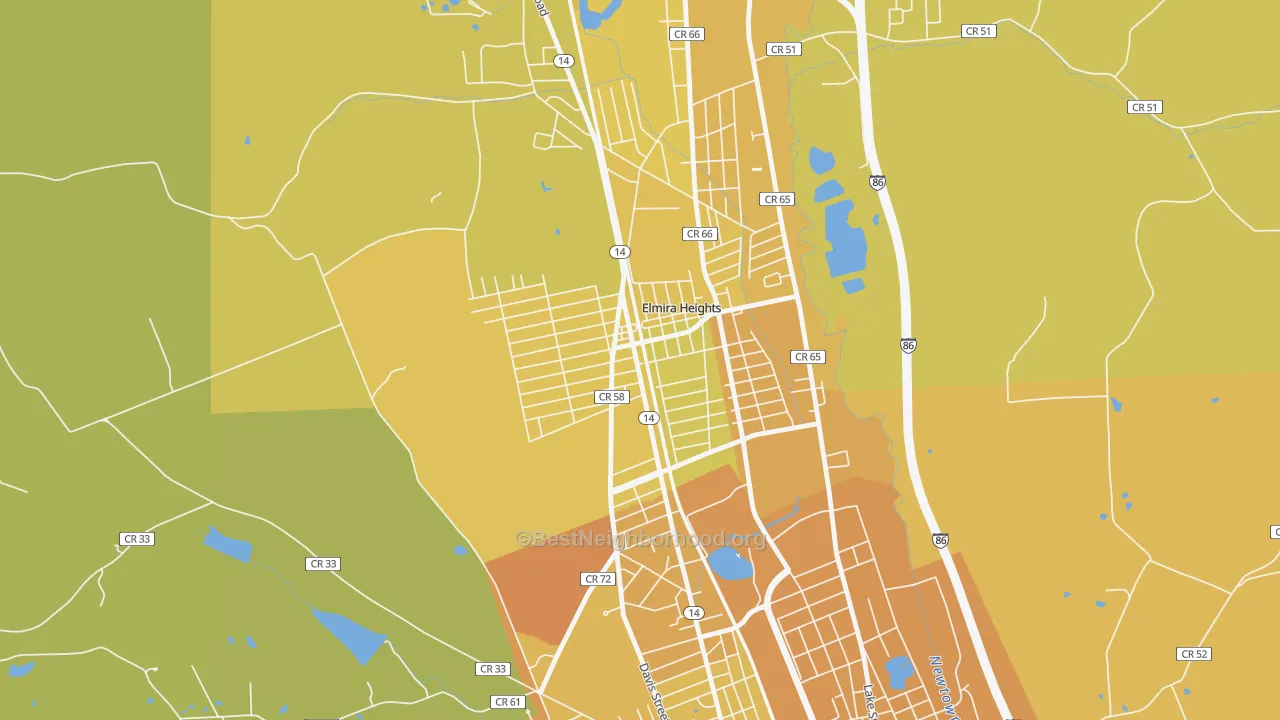 Map of the best neighborhoods in the Elmira Heights area, with better matches in green and worse matches in red