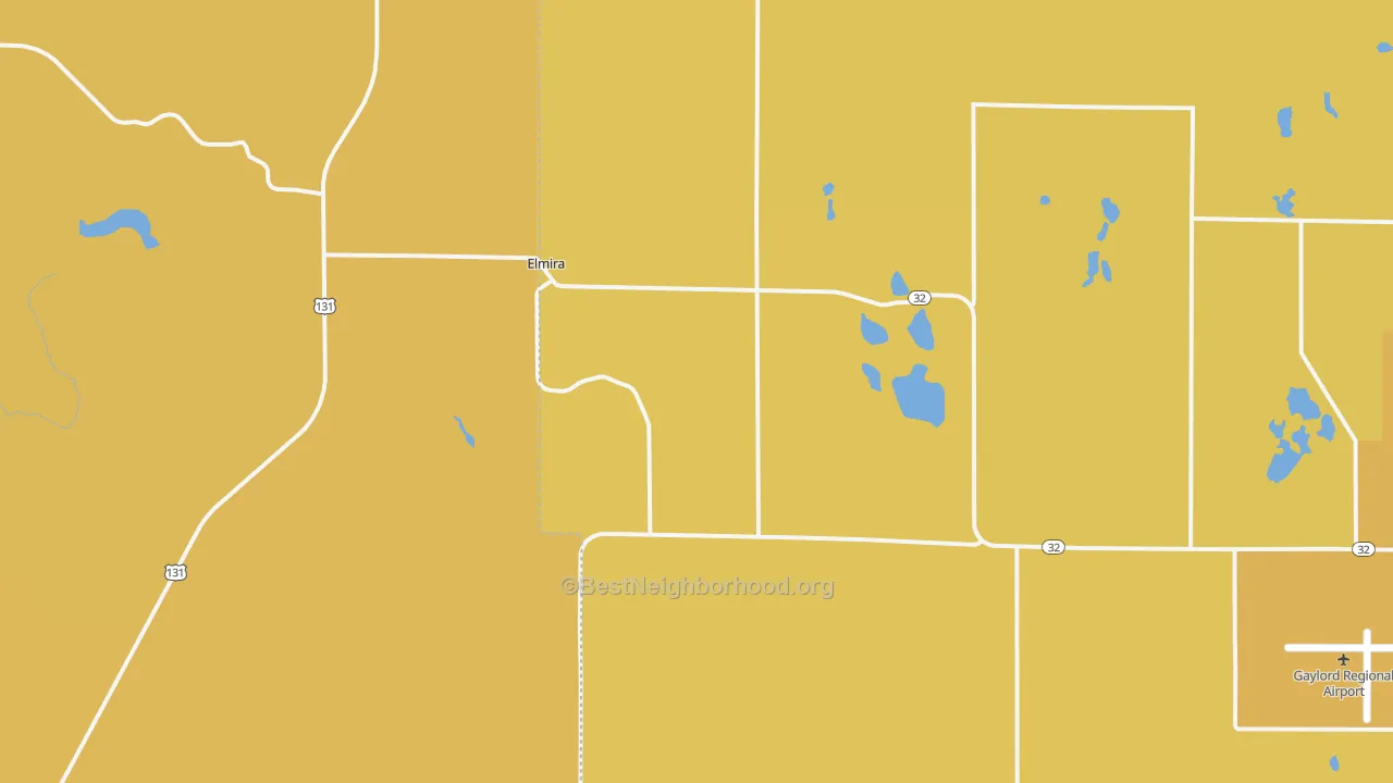 Map of the best neighborhoods in the Elmira area, with better matches in green and worse matches in red