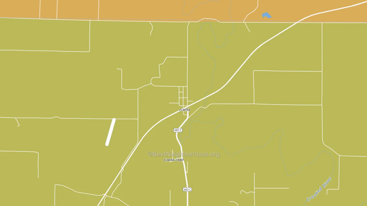Map of the best neighborhoods in the Elmira area, with better matches in green and worse matches in red