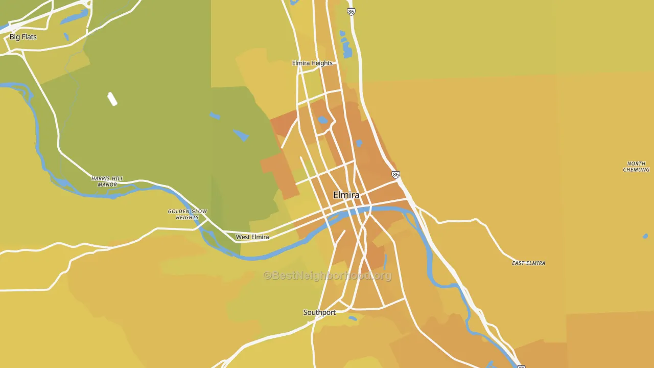 Map of the best neighborhoods in the Elmira Metro area, with better matches in green and worse matches in red
