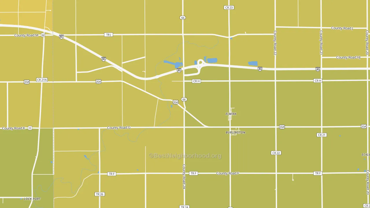 Map of the best neighborhoods in the Elmira area, with better matches in green and worse matches in red