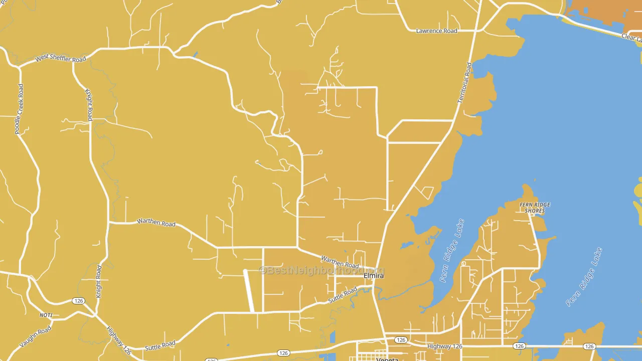 Map of the best neighborhoods in the Elmira area, with better matches in green and worse matches in red