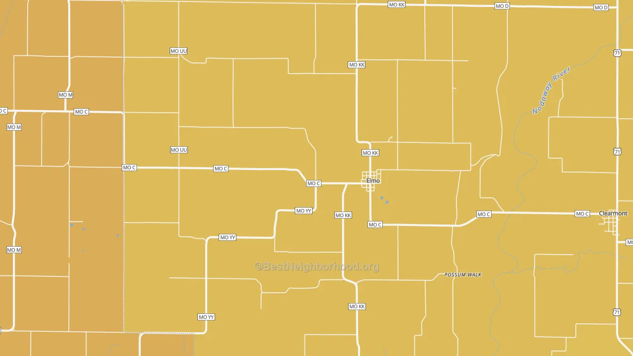 Map of the best neighborhoods in the Elmo area, with better matches in green and worse matches in red