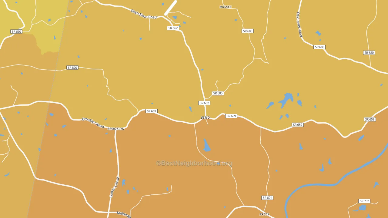 Map of the best neighborhoods in the Elmo area, with better matches in green and worse matches in red