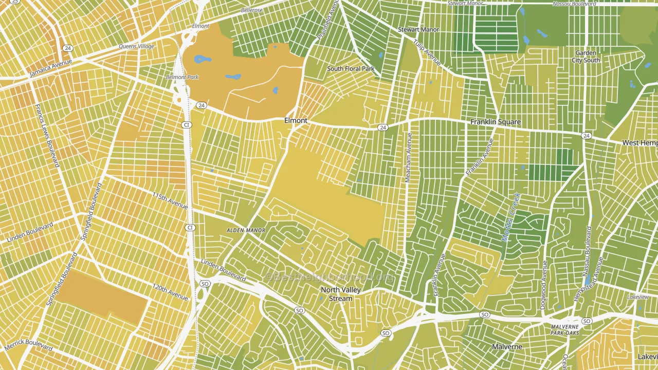 Map of the best neighborhoods in the Elmont area, with better matches in green and worse matches in red