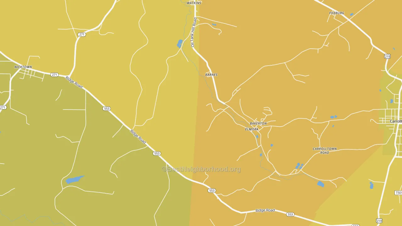 Map of the best neighborhoods in the Elmora area, with better matches in green and worse matches in red