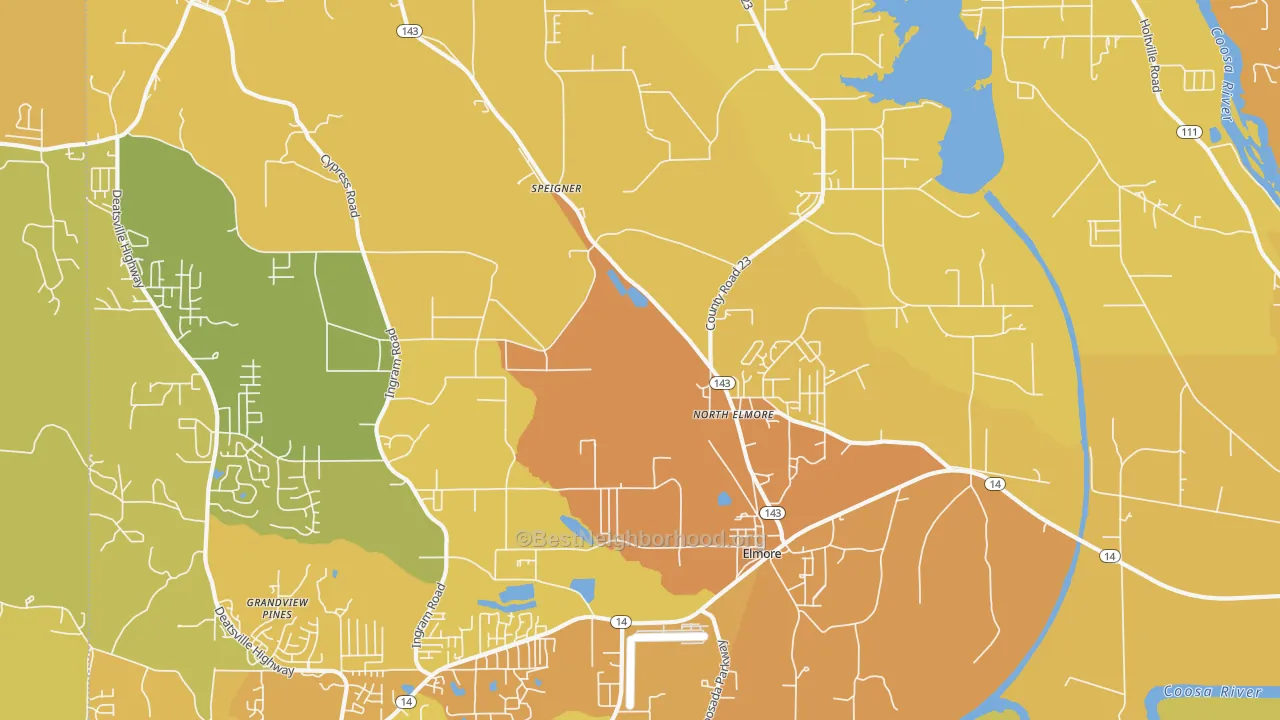 Map of the best neighborhoods in the Elmore area, with better matches in green and worse matches in red