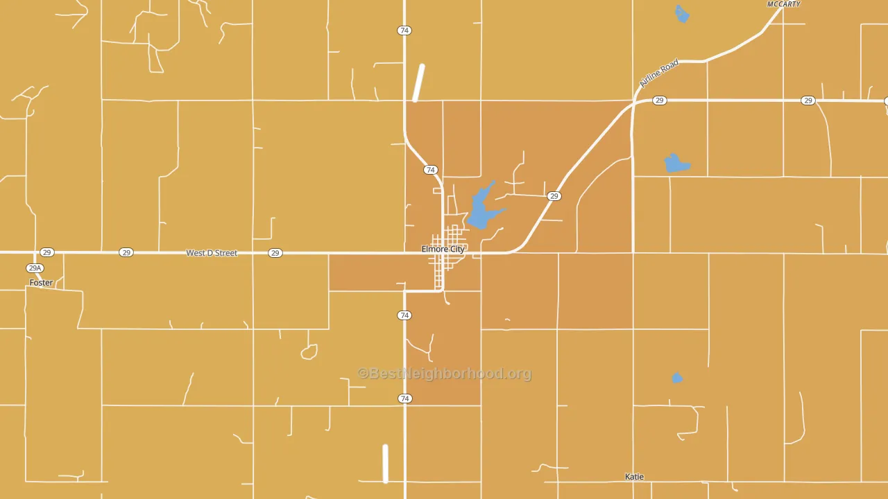 Map of the best neighborhoods in the Elmore City area, with better matches in green and worse matches in red