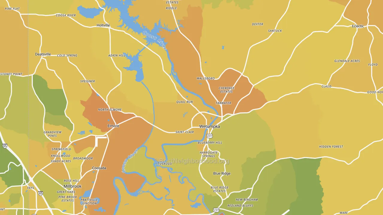 Map of the best neighborhoods in the Elmore County area, with better matches in green and worse matches in red