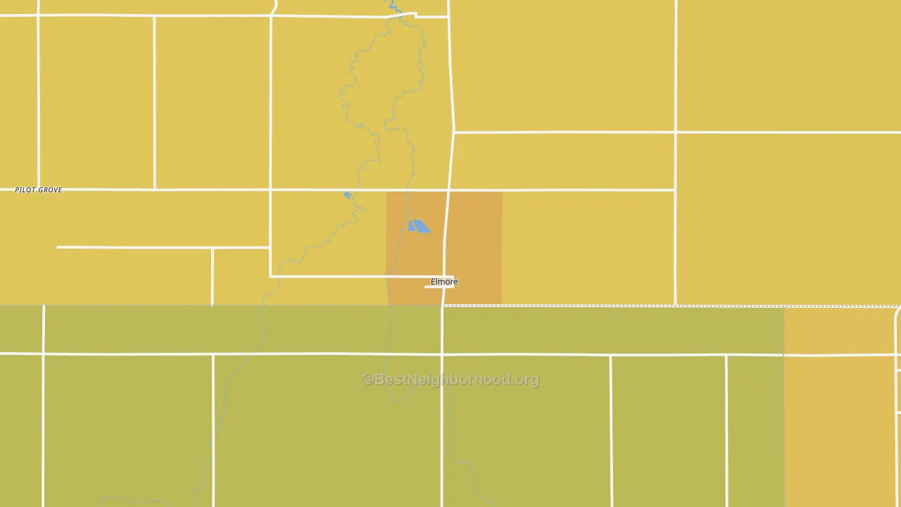 Map of the best neighborhoods in the Elmore area, with better matches in green and worse matches in red