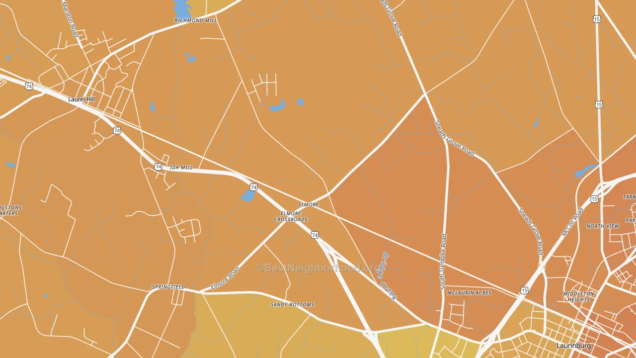 Map of the best neighborhoods in the Elmore area, with better matches in green and worse matches in red
