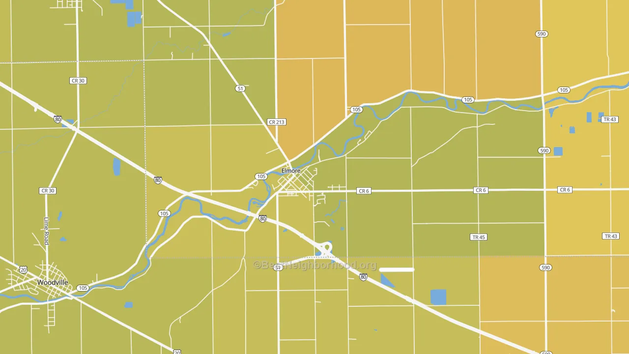 Map of the best neighborhoods in the Elmore area, with better matches in green and worse matches in red