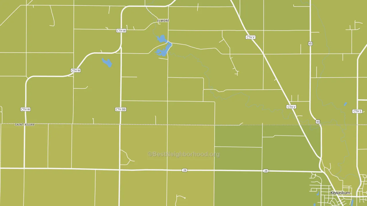 Map of the best neighborhoods in the Elmore area, with better matches in green and worse matches in red