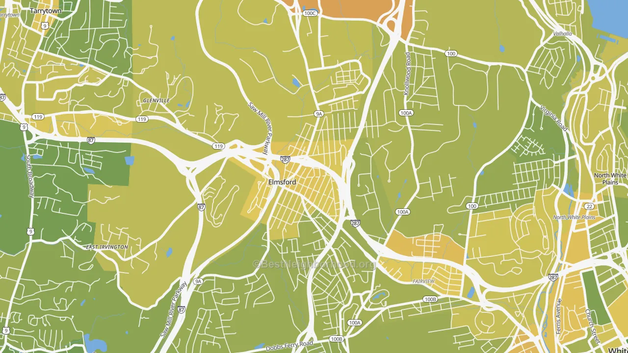 Map of the best neighborhoods in the Elmsford area, with better matches in green and worse matches in red