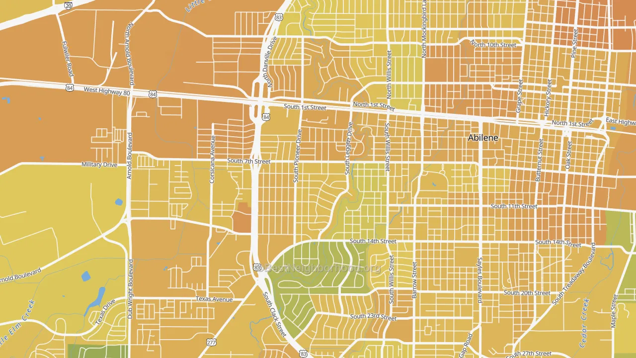 Map of the best neighborhoods in the Elmwood Area, Abilene area, with better matches in green and worse matches in red