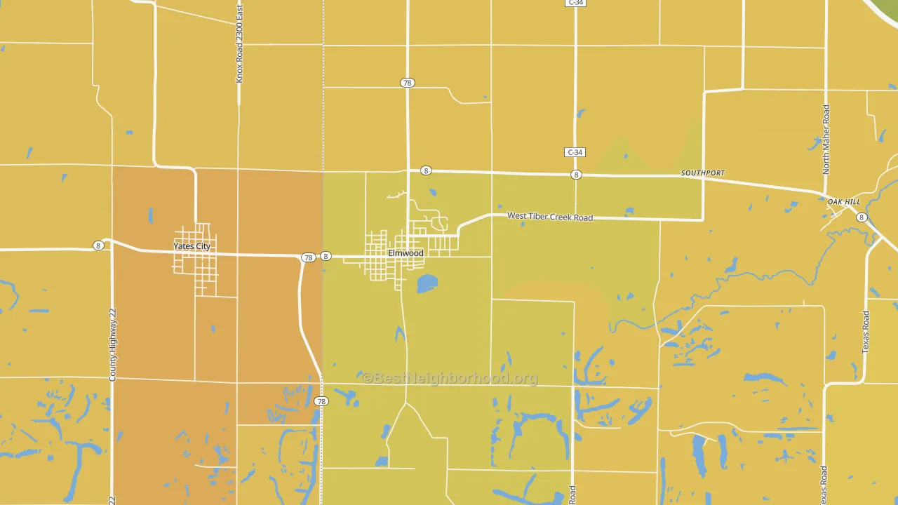 Map of the best neighborhoods in the Elmwood area, with better matches in green and worse matches in red