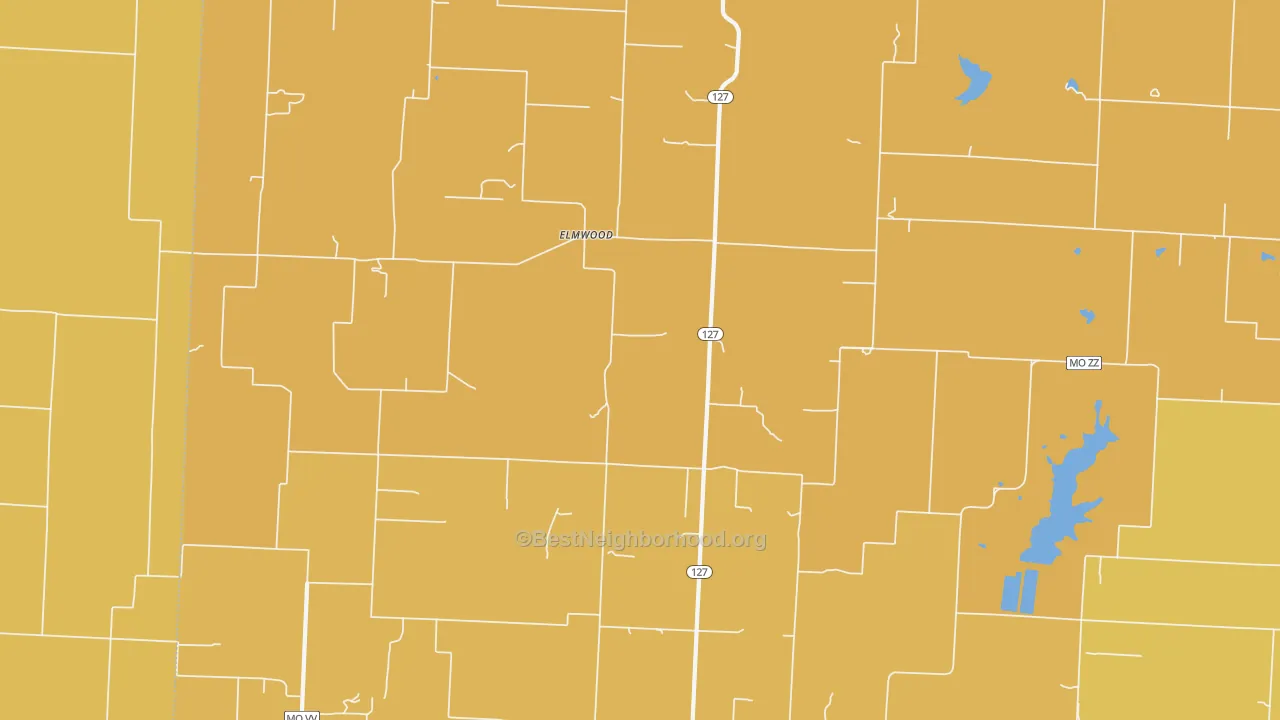 Map of the best neighborhoods in the Elmwood area, with better matches in green and worse matches in red