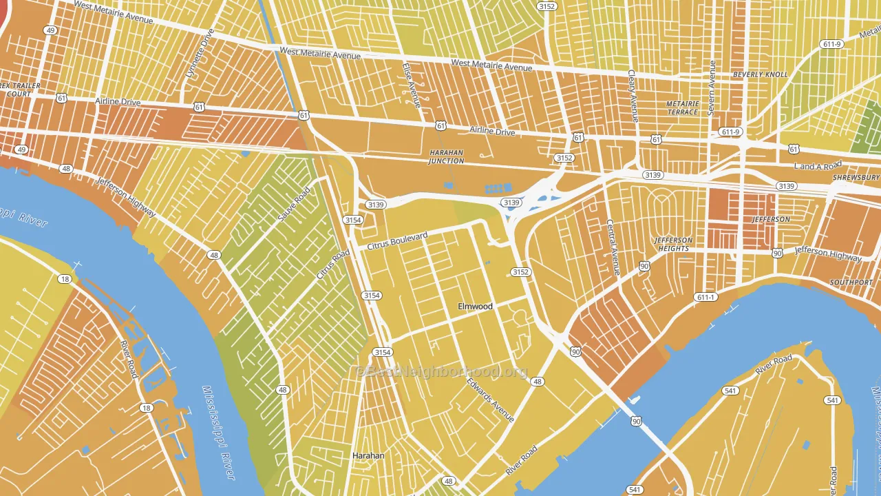 Map of the best neighborhoods in the Elmwood, New Orleans area, with better matches in green and worse matches in red