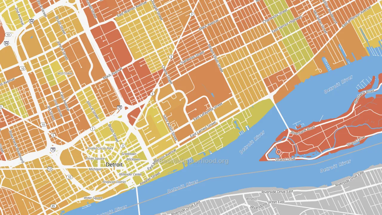 Map of the best neighborhoods in the Elmwood Park, Detroit area, with better matches in green and worse matches in red