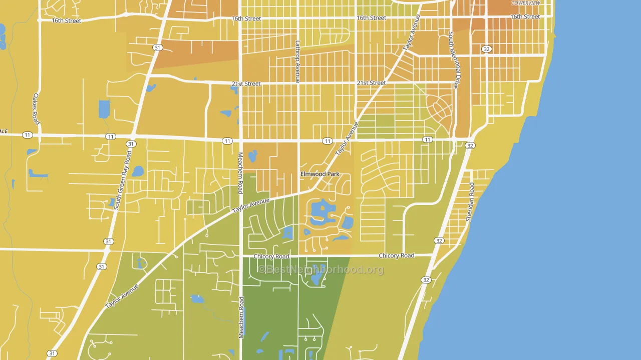 Map of the best neighborhoods in the Elmwood Park area, with better matches in green and worse matches in red