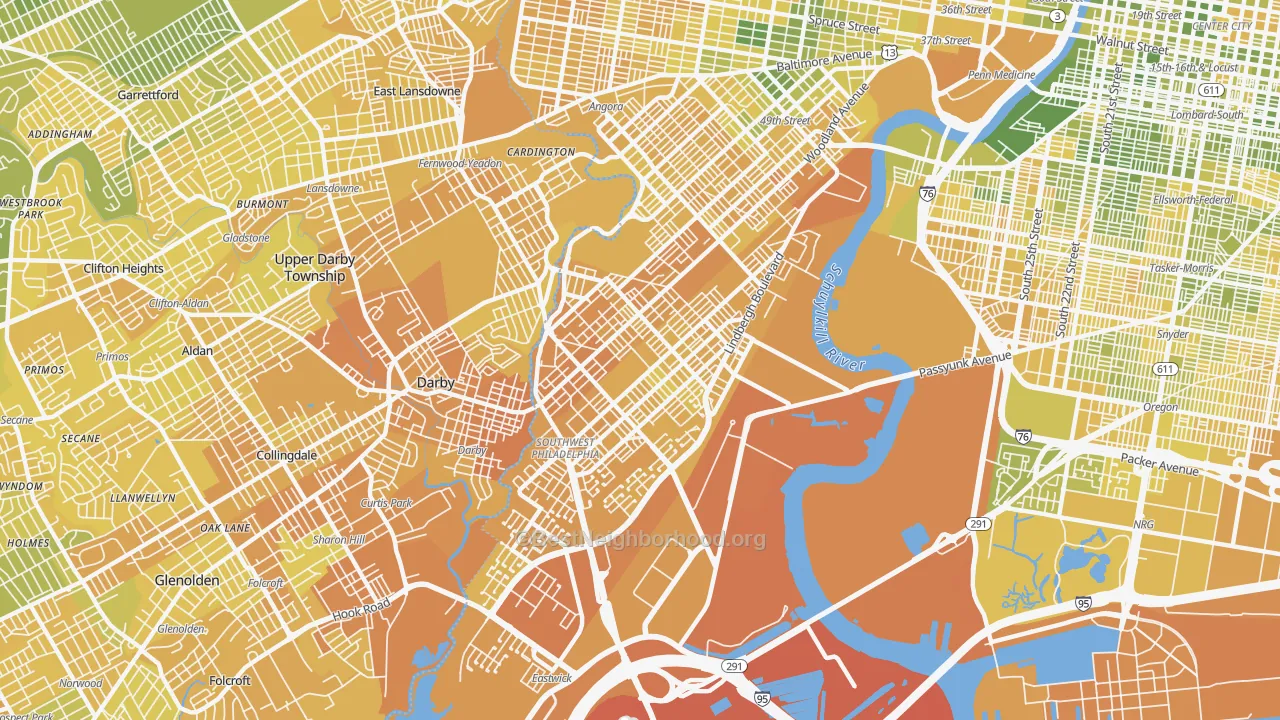 Map of the best neighborhoods in the Elmwood, Philadelphia area, with better matches in green and worse matches in red