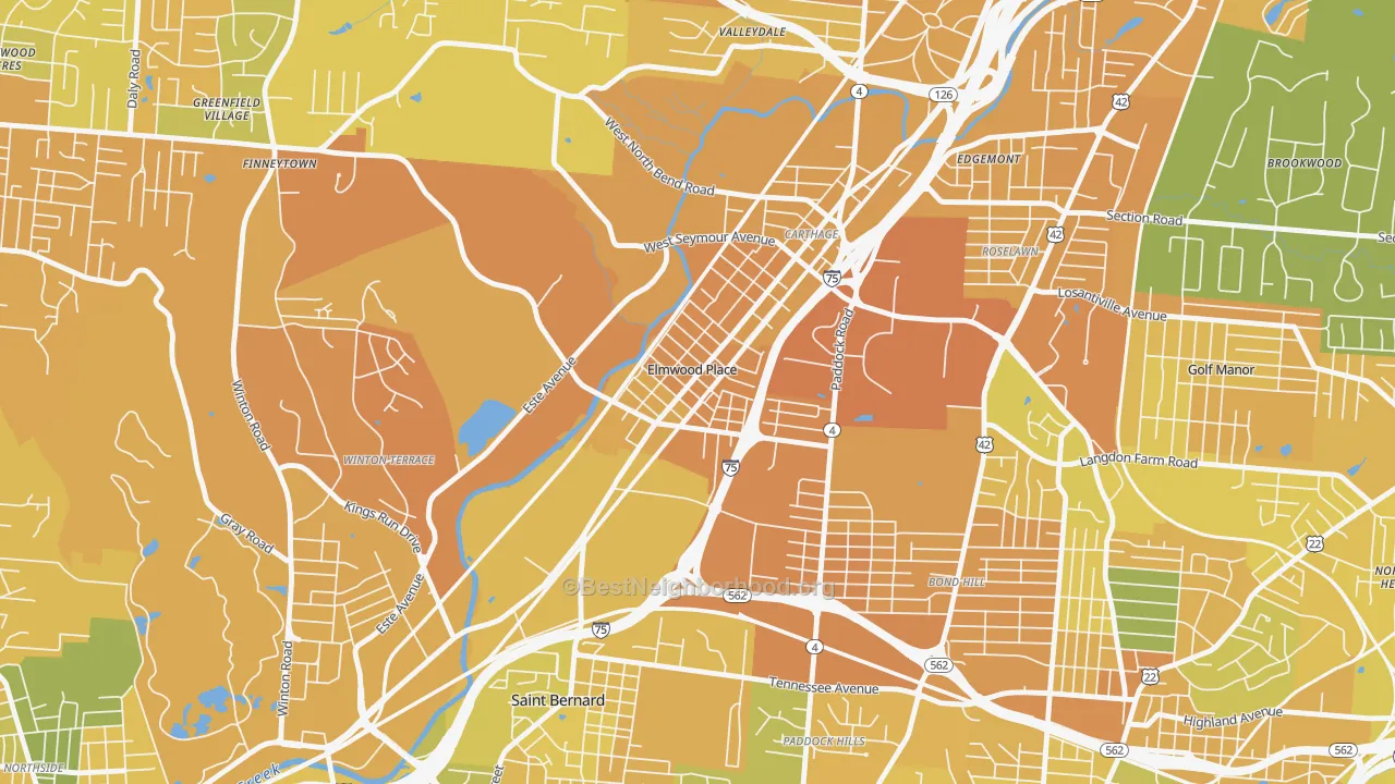 Map of the best neighborhoods in the Elmwood Place area, with better matches in green and worse matches in red