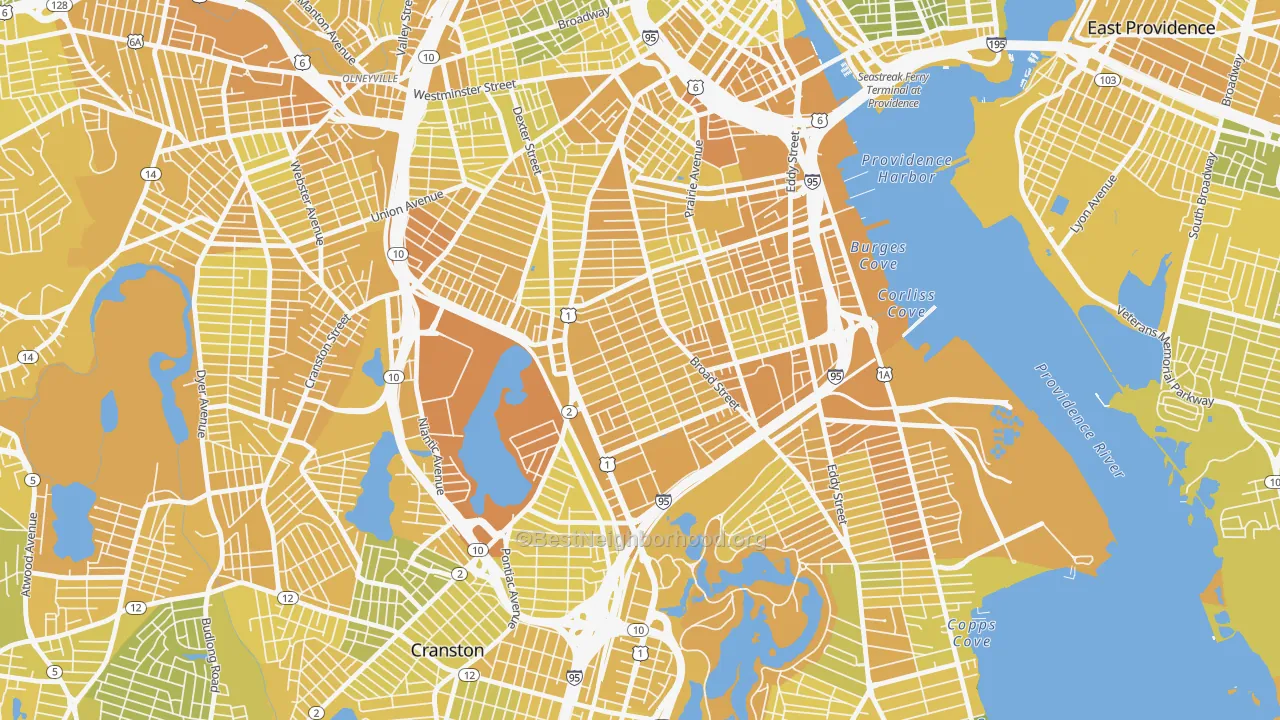 Map of the best neighborhoods in the Elmwood, Providence area, with better matches in green and worse matches in red