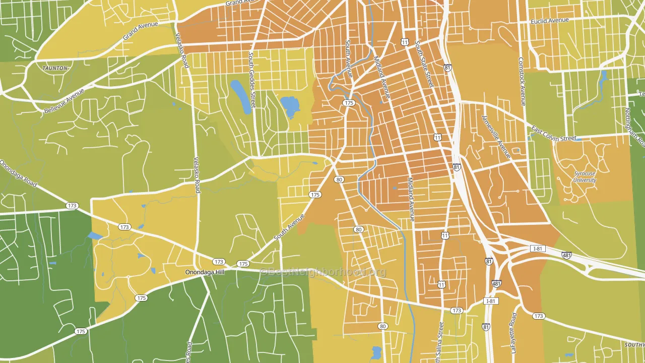 Map of the best neighborhoods in the Elmwood, Syracuse area, with better matches in green and worse matches in red
