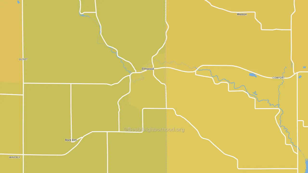 Map of the best neighborhoods in the Elmwood area, with better matches in green and worse matches in red