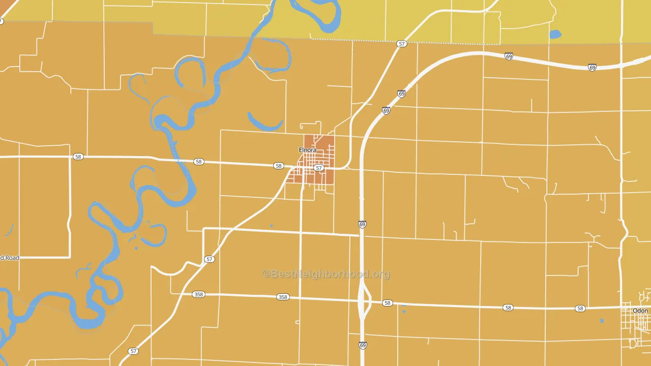 Map of the best neighborhoods in the Elnora area, with better matches in green and worse matches in red