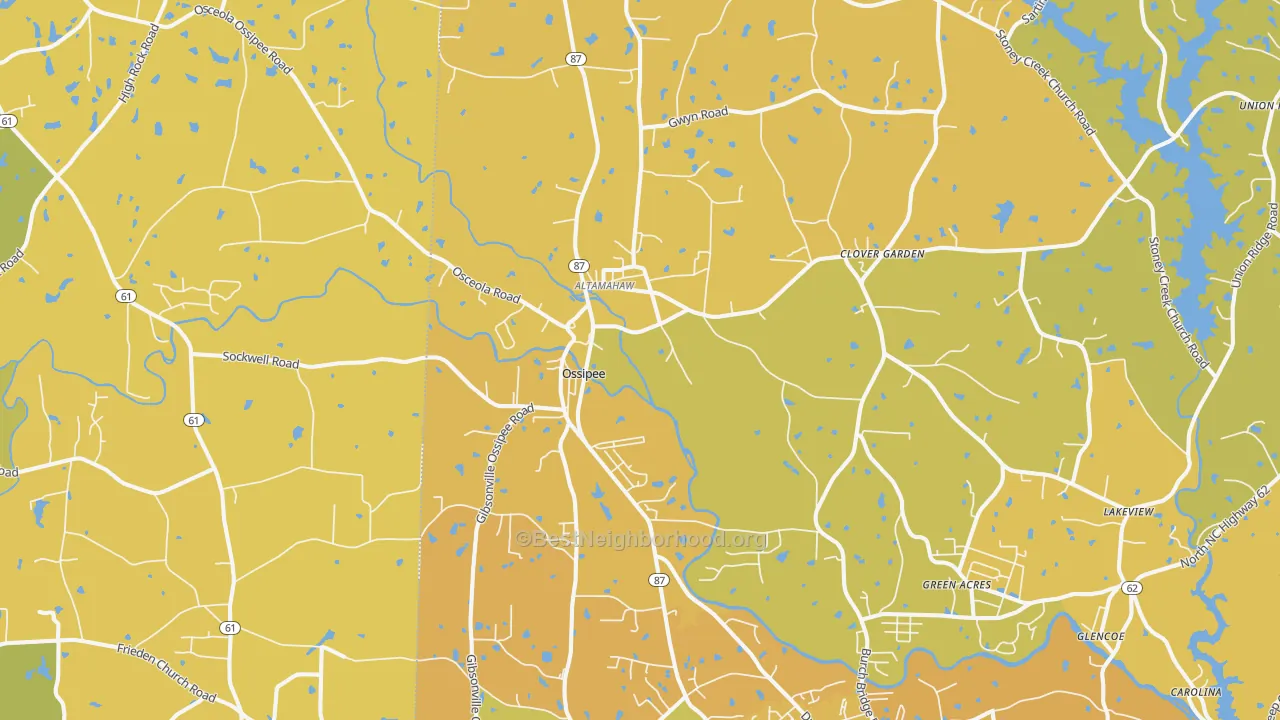 Map of the best neighborhoods in the Elon College area, with better matches in green and worse matches in red