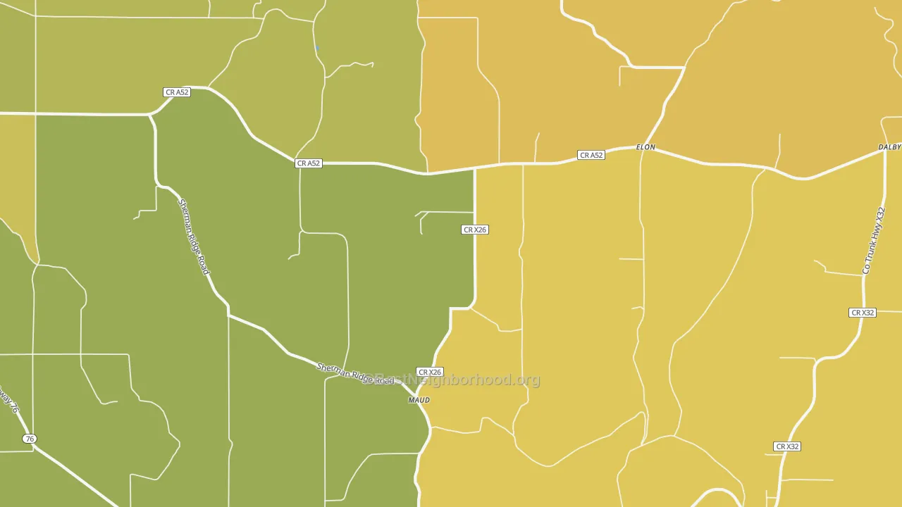 Map of the best neighborhoods in the Elon area, with better matches in green and worse matches in red