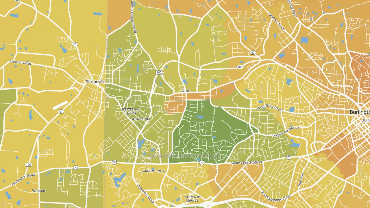 Map of the best neighborhoods in the Elon area, with better matches in green and worse matches in red