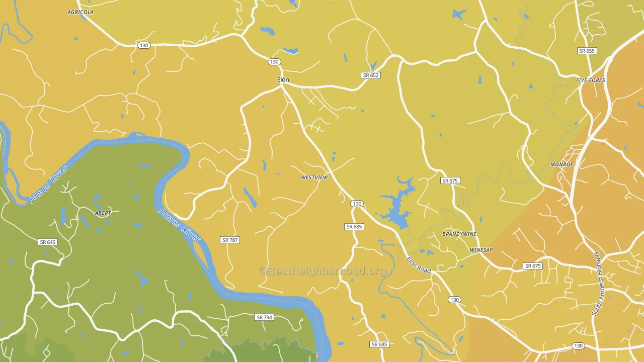 Map of the best neighborhoods in the Elon area, with better matches in green and worse matches in red
