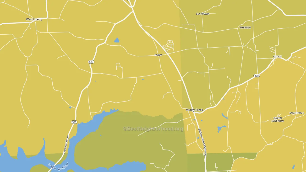 Map of the best neighborhoods in the Elora area, with better matches in green and worse matches in red