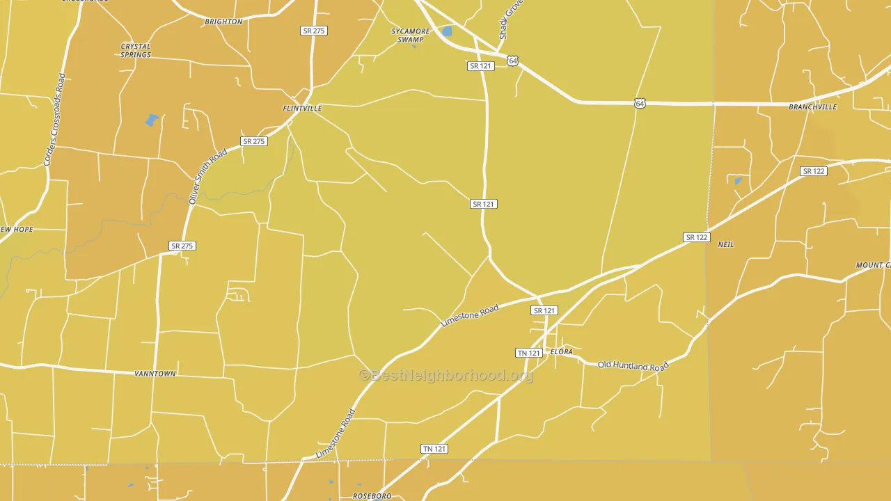 Map of the best neighborhoods in the Elora area, with better matches in green and worse matches in red