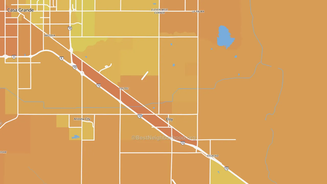 Map of the best neighborhoods in the Eloy area, with better matches in green and worse matches in red