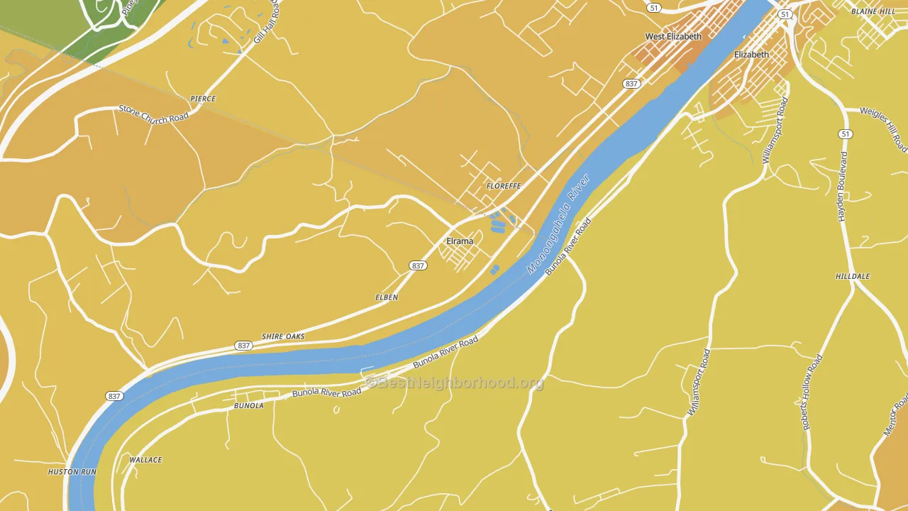 Map of the best neighborhoods in the Elrama area, with better matches in green and worse matches in red