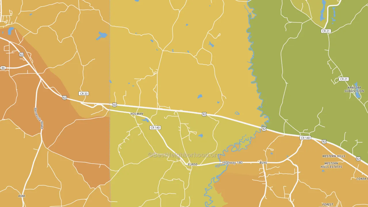 Map of the best neighborhoods in the Elrod area, with better matches in green and worse matches in red