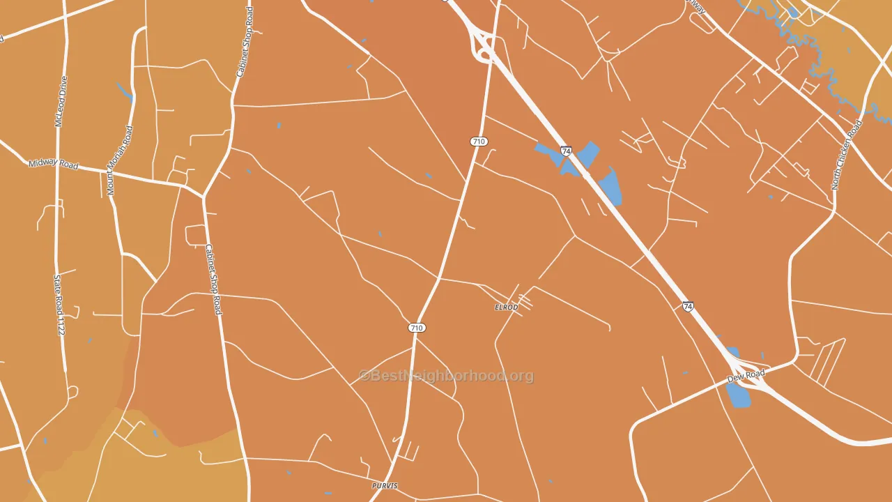 Map of the best neighborhoods in the Elrod area, with better matches in green and worse matches in red