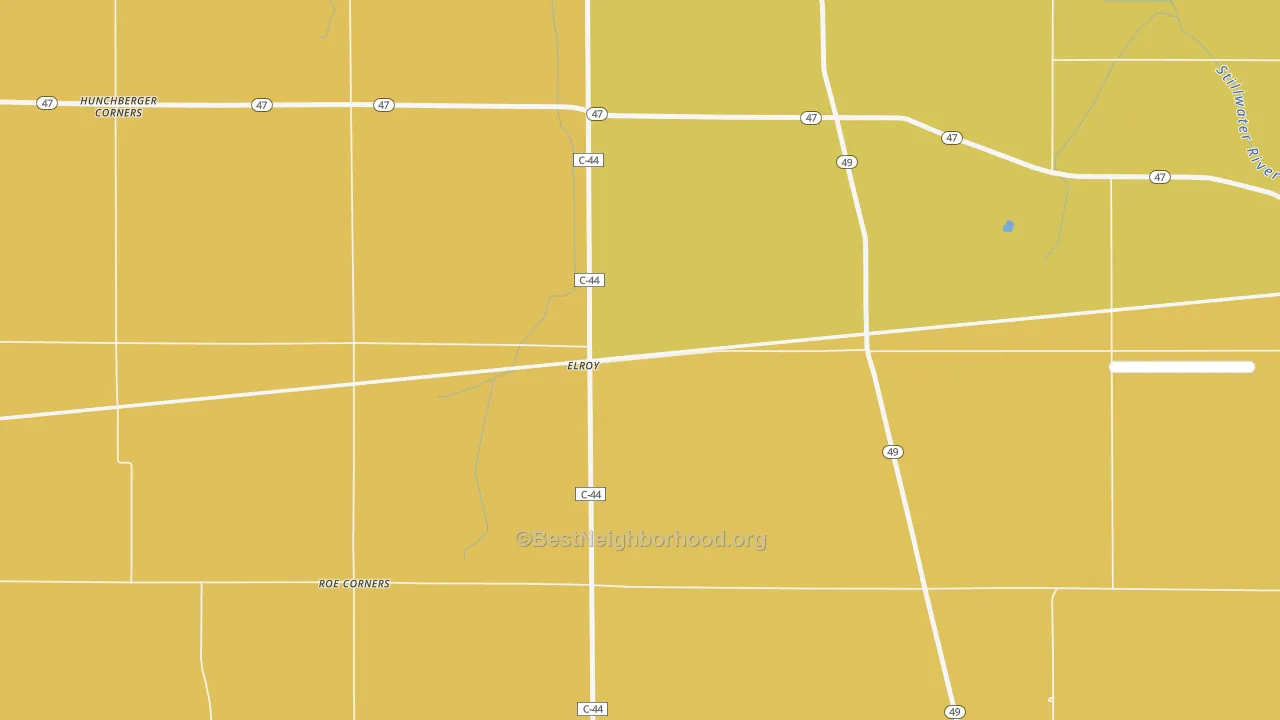 Map of the best neighborhoods in the Elroy area, with better matches in green and worse matches in red