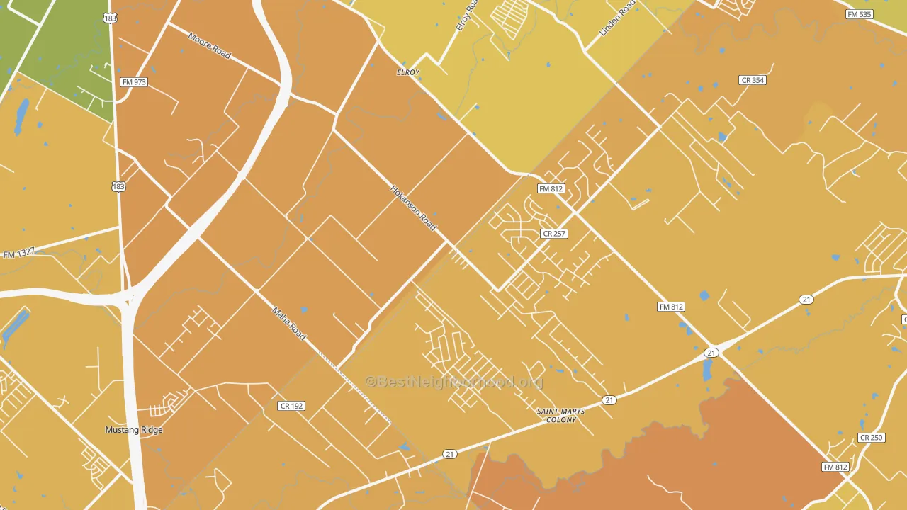 Map of the best neighborhoods in the Elroy area, with better matches in green and worse matches in red