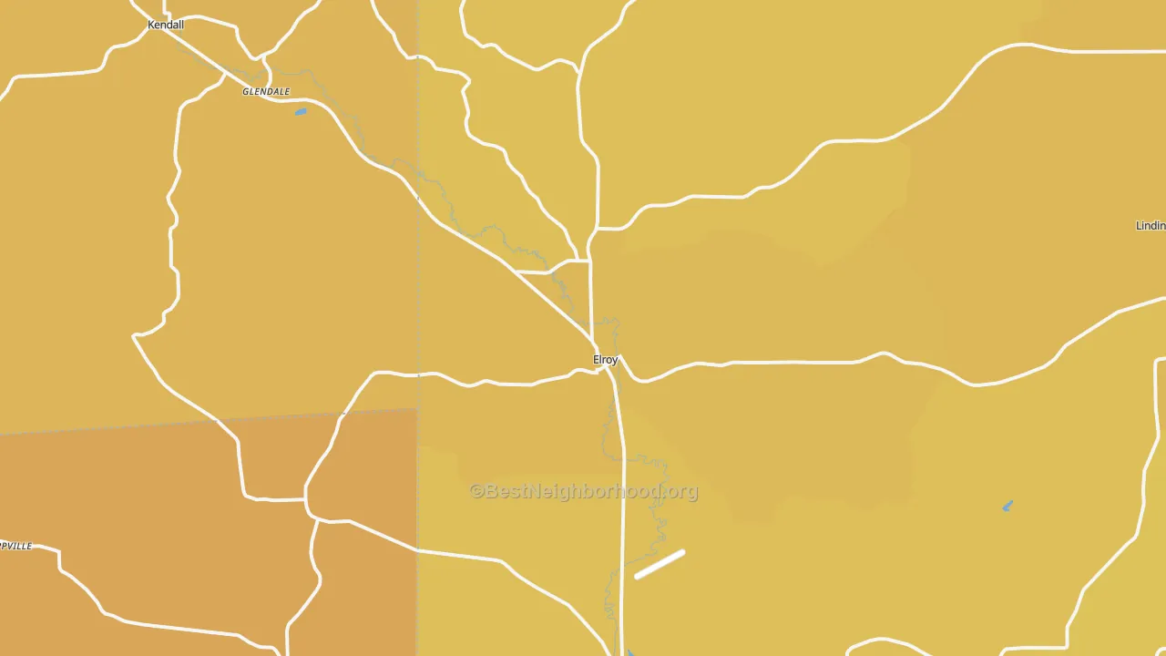 Map of the best neighborhoods in the Elroy area, with better matches in green and worse matches in red