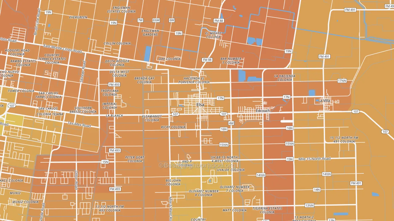 Map of the best neighborhoods in the Elsa area, with better matches in green and worse matches in red